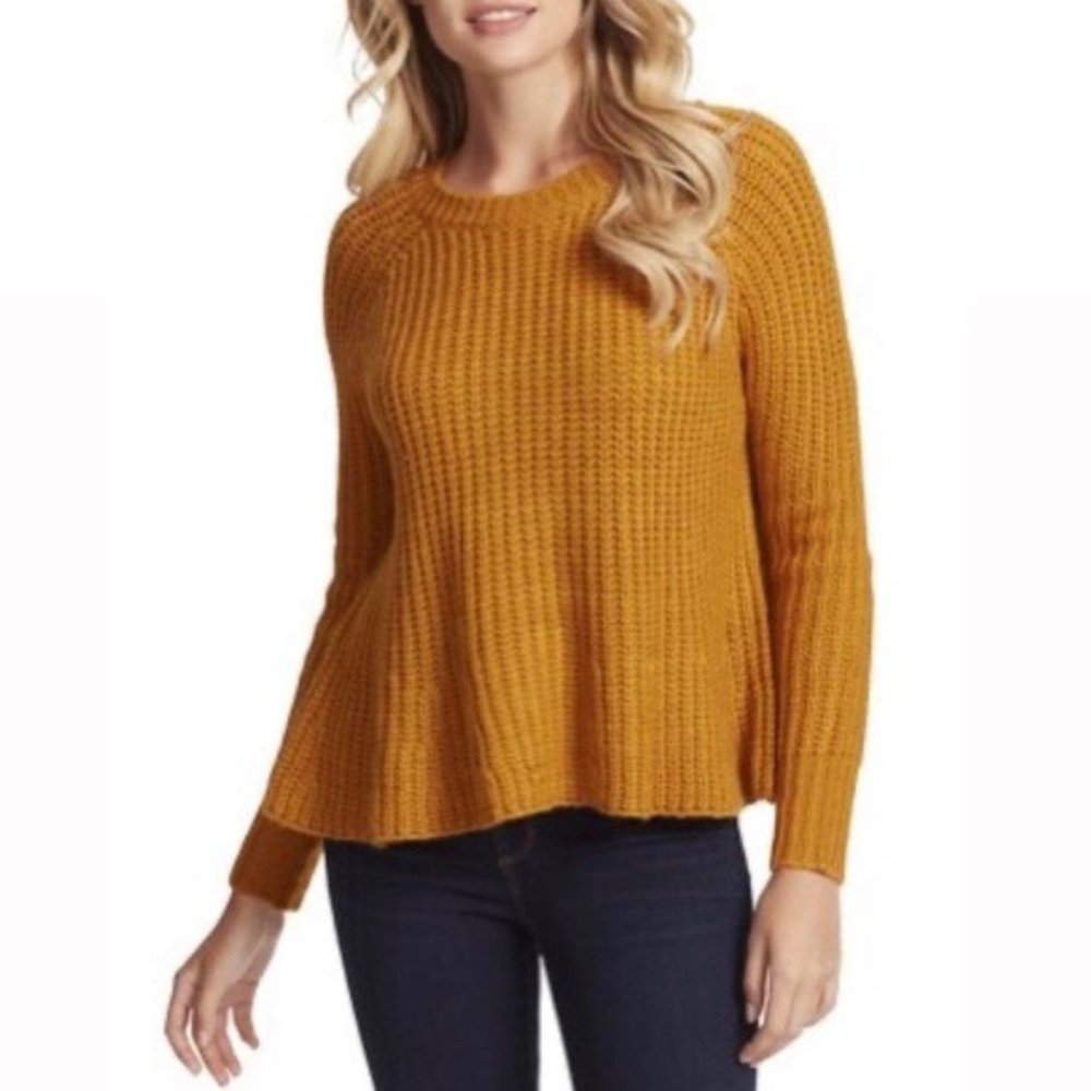 Jessica Simpson Sweater Aria Flounce Hem Rib Pullover Buckthorn Brown Size L NWT